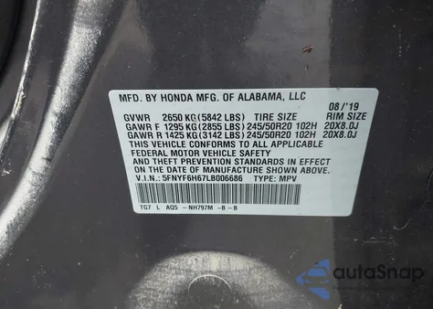 2020 Honda Pilot Awd Touring 7 Passenger z USA, uszkodzony, nr VIN 5FNYF6H67LB006686